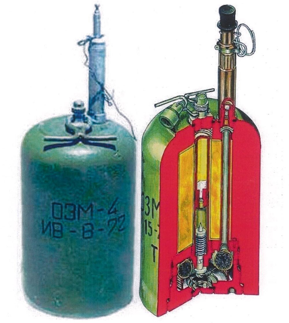 Міна ОЗМ-4, загальний вигляд з детонатором МУВ-4 - зліва, та в розрізі з детонатором МУВ-3 - справа