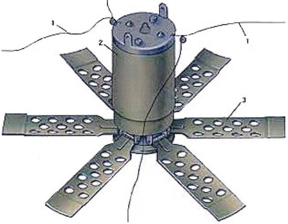 Міна серії ПОМ-2Р, в бойовому положенні: 1 - Дріт датчика цілі; 2 - Корпус міни; 3 - Підпружинені лапки