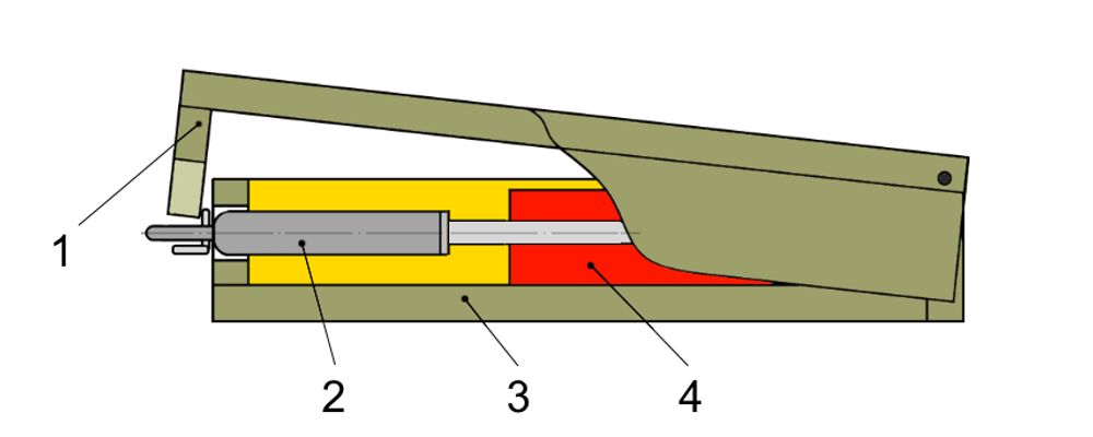 Протипіхотна міна ПМД-6 в розрізі: 1 - кришка; 2 - металева пластина; 3 - підривник МУВ-2 з Т-подібною бойовою чекою і запалом МД-2; 4 - заряд вибухової речовини; 5 - корпус.