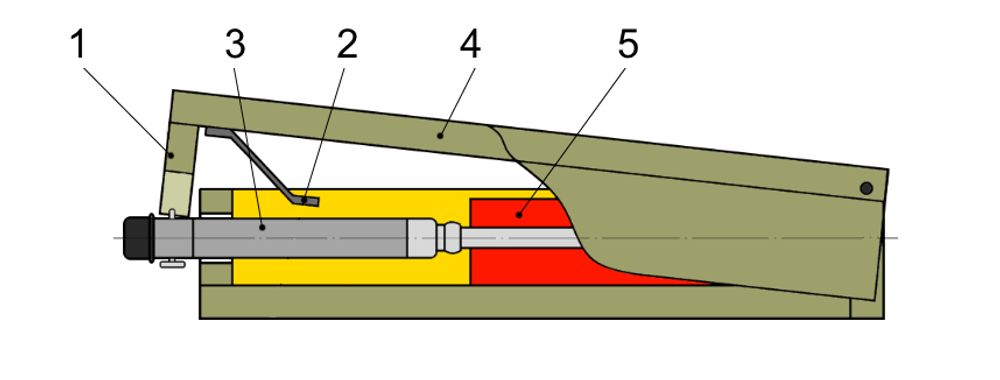 Протипіхотна міна ПМД-6М в розрізі: 1 - кришка; 2 - металева пластина; 3 - підривник МУВ-2 з Т-подібною бойовою чекою і запалом МД-5М; 4 - заряд вибухової речовини; 5 - корпус.