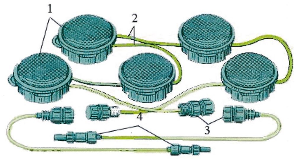 Замикач МЗК. 1 - датчики, в кількості 5 штук; 2 - кабель; 3 - полумуфти; 4 - електродетонатори ЕДУ-2, які вгвинчуються в ДУ-62