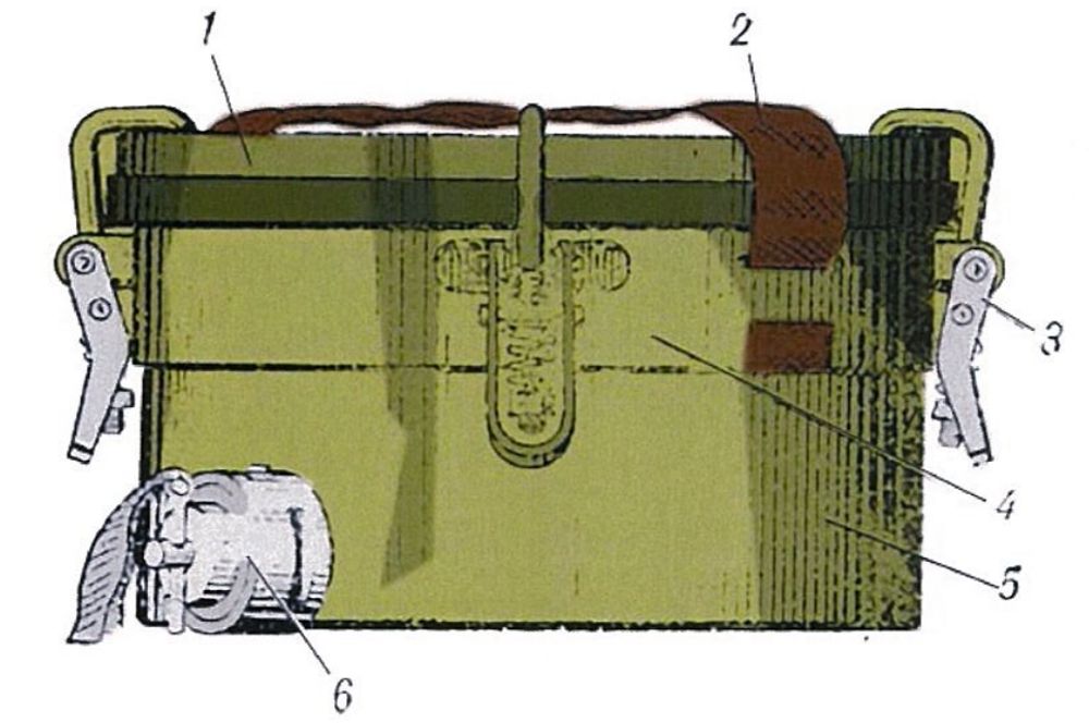 Міна МЛ-1: 1 - протищуповий датчик; 2 - ручка із тасьми; 3 - замок; 4 - кільце; 5 - блок управління; 6 - пусковий механізм